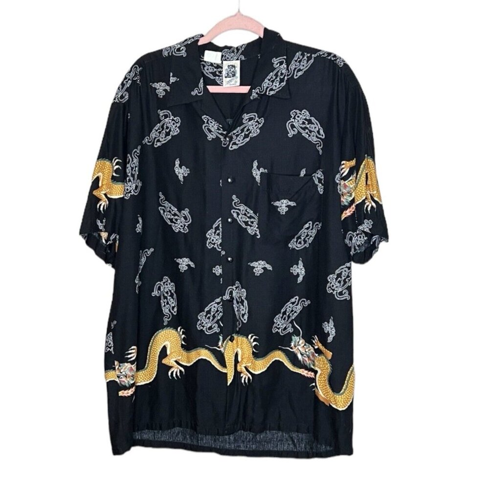 Vtg Kennington Mens Shirt Size XL Black Dragon Hawaiian Button Up Short Sleeve